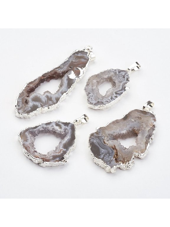 5 pc Natural Geode Agate Pendants with Brass Findings Nuggets Silver color Plated 38~65x18~40x5~6mm Hole: 5x7mm Natural Agate