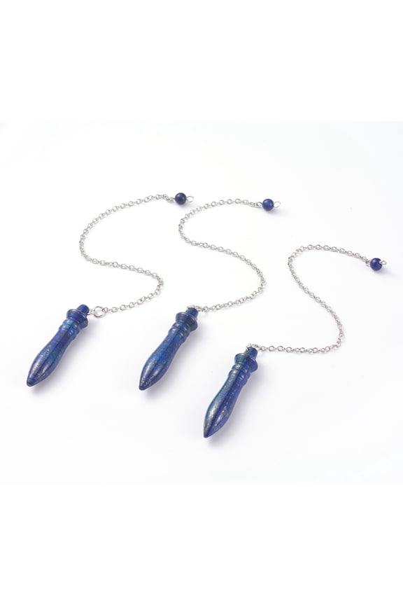 5 pc Natural Lazuli Pointed Dowsing Pendulums with Brass Cable Chains Bullet 238~255mm Hole: 2.5mm Pendants: 53x12mm