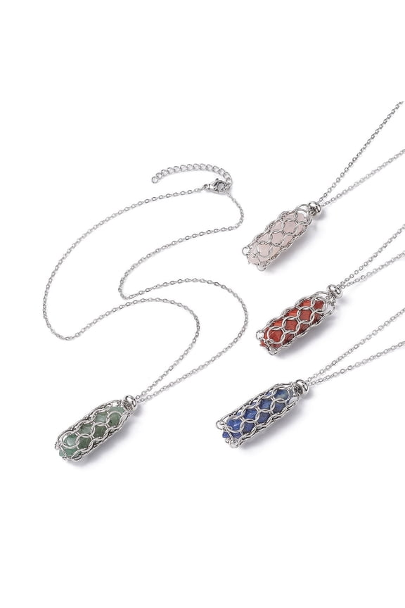 5 pc Natural Mixed Gemstone Bullet Pendant Necklaces 304 Stainless Steel Chains Macrame Pouch Necklace Stainless Steel color 16.93~17.44 inch(43~44.3cm)