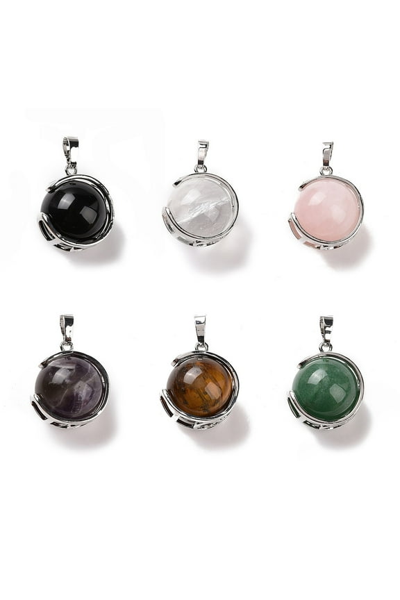 5 pc Natural Mixed Stone Pendants Ball Sphere Charms with Platinum Tone Brass Findings 24x21x18mm Hole: 8x5mm