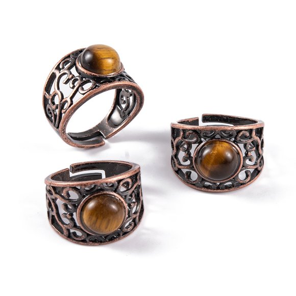 5 pc Natural Mixed Stone Round Adjustable Rings Red Copper Plated Brass Wide Band Rings for Men Inner Diameter: 19mm
