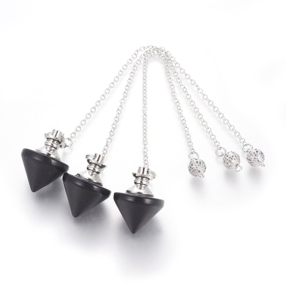5 pc Natural Obsidian Cone Dowsing Pendulums with Brass Findings and Alloy Chain Platinum 210~216x2.5mm Hole: 1.4~1.9x1.6~2mm