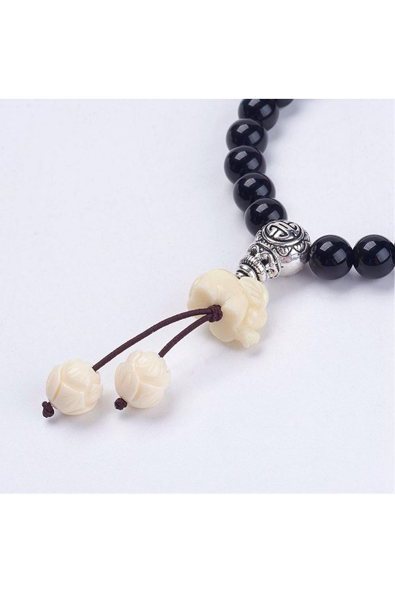 5 pc Natural Obsidian Mala Bead Bracelets with Coral Lotus & Elephant Beads Tibetan style Alloy Guru Bead Burlap Packing Pouches Drawstring Bags Inner Diameter: 2-1/8 inch(5.3cm)