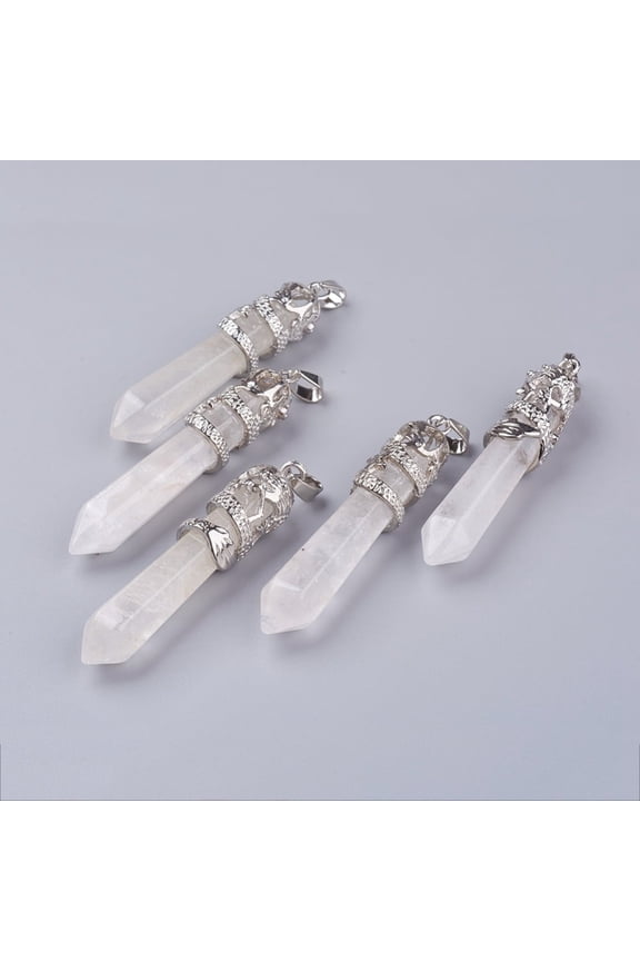 5 pc Natural Quartz Crystal Big Pointed Pendants Rock Crystal with Alloy Findings Faceted Bullet Platinum 59~63x11~12mm Hole: 4x7mm