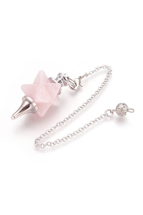 5 pc Natural Rose Quartz Dowsing Pendulums with Platinum Tone Brass Findings Star 235mm Hole: 2mm
