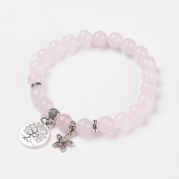 5 pc Natural Rose Quartz Stretch Bracelets with Alloy Pendants Bead Spacers Tree of Life and Flower Burlap Packing 2 inch(5cm)