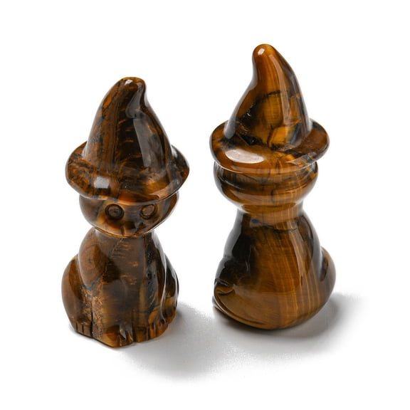 5 pc Natural Tiger Eye Carved Healing Cat with Witch Hat Figurines Reiki Energy Stone Display Decorations 48~50x19~21mm