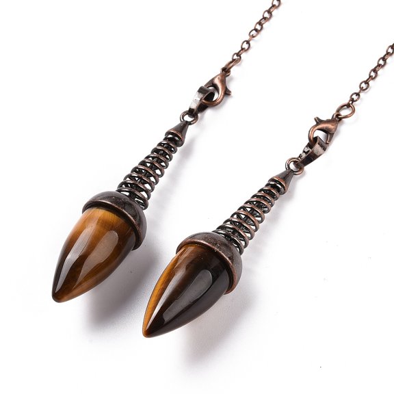 5 pc Natural Tiger Eye Dowsing Pendulums with Red Copper Plated Brass Chains Egg Charm 250~255mm Hole: 2mm