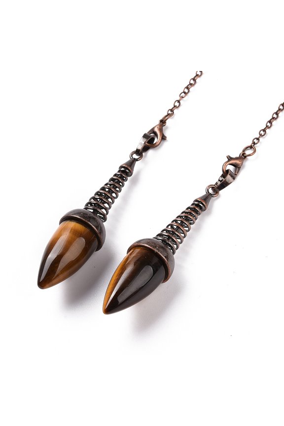 5 pc Natural Tiger Eye Dowsing Pendulums with Red Copper Plated Brass Chains Egg Charm 250~255mm Hole: 2mm