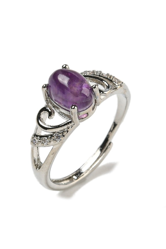 5 pc Oval Natural Amethyst Adjustable Rings Brass Clear Cubic Zirconia Ring for Women Long-Lasting Plated Lead Free & Cadmium Free Platinum Inner Diameter: 18mm