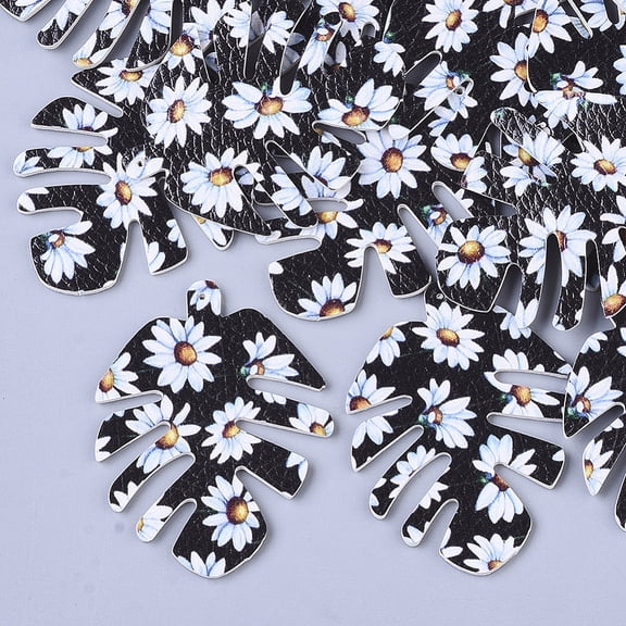 5 pc PU Leather Big Pendants Double-Sided Printing Daisy Flower Pattern Leaf Black 55x43x2mm Hole: 1mm