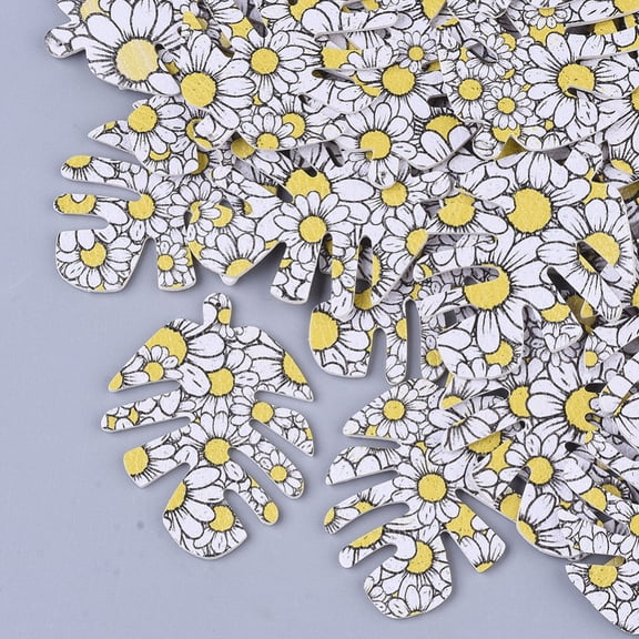 5 pc PU Leather Big Pendants Double-Sided Printing Flower Pattern Leaf Gold 55x43x2mm Hole: 1mm