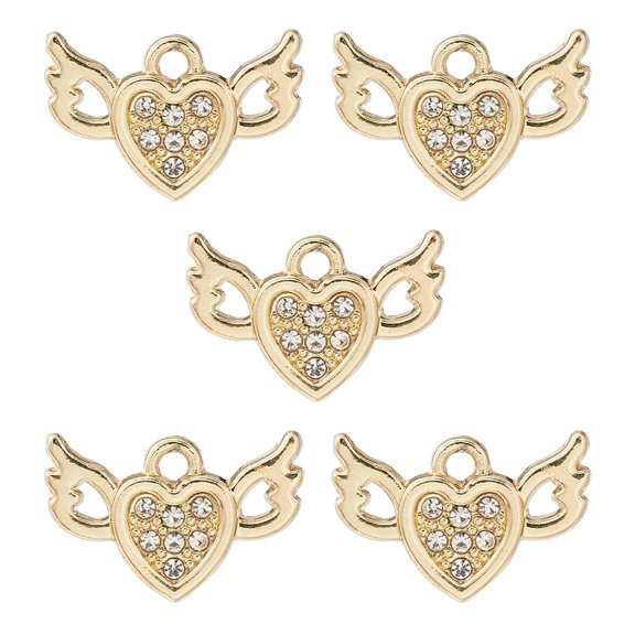 5 pc Rack Plating Alloy Charms with Rhinestone Cadmium Free Nickel Free Lead Free Heart with Wing Light golden 10x15x2mm Hole: 1.5mm