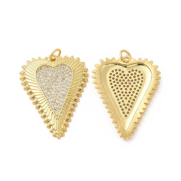 5 pc Rack Plating Brass Micro Pave Clear Cubic Zirconia Pendants Cadmium Free Lead Free Sacred Heart Charm with Jump Ring Real 18K Gold Plated 31.5x24x2.5mm Hole: 3.5mm
