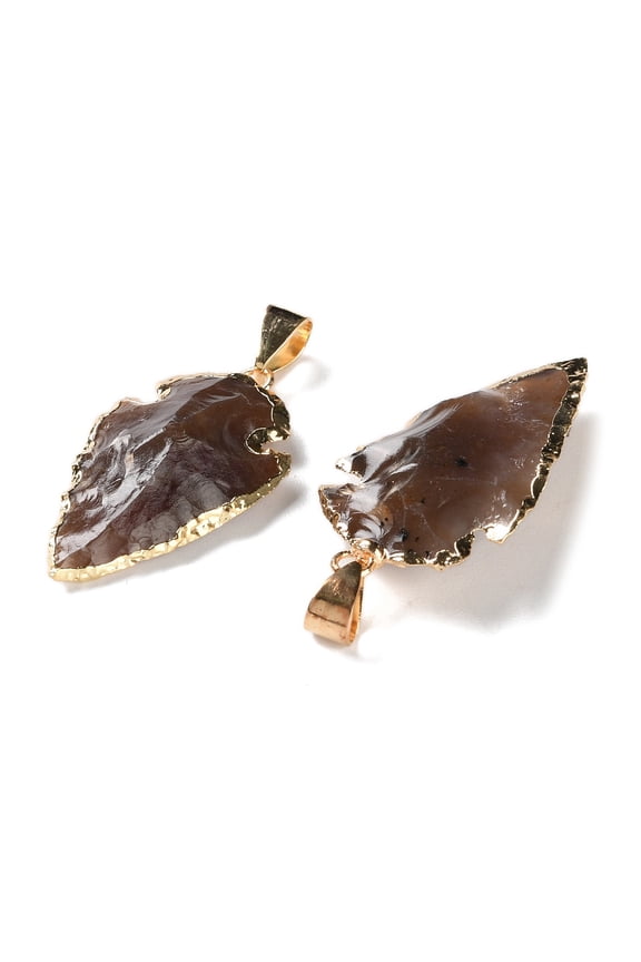 5 pc Raw Rough Natural Indian Agate Pendants Arrow Head Charms with Golden Tone Brass Snap on Bails 27~39x17~22x6~11mm Hole: 7x4mm