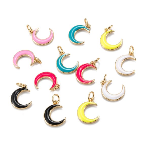 5 pc Real 18K Gold Plated Brass Enamel Pendants with Jump Rings Long-Lasting Plated Moon Mixed Color 14x11x2mm Hole: 3.5mm