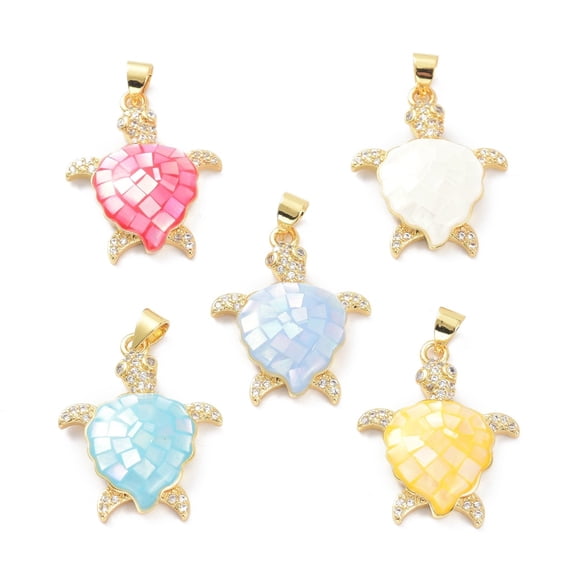 5 pc Real 18K Gold Plated Brass Micro Pave Clear Cubic Zirconia Pendants with Shell filled in Enamel Long-Lasting Plated Turtle Mixed Color 26x21x5.5mm Hole: 4x3.5mm