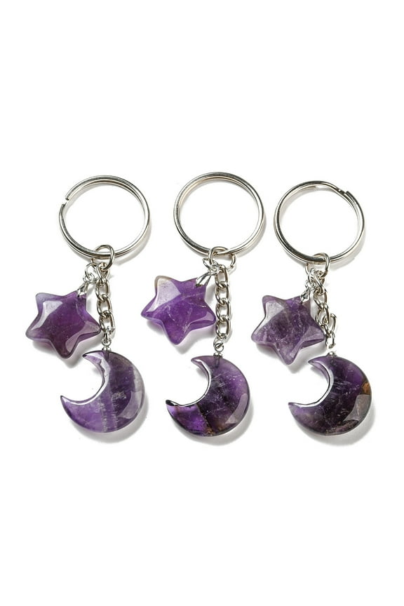 5 pc Reiki Natural Amethyst Moon & Star Pendant Keychains with Iron Keychain Rings 7.8cm