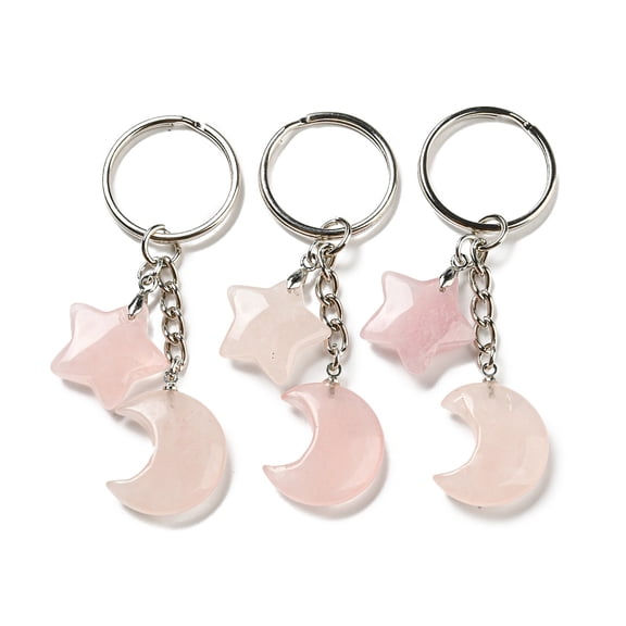 5 pc Reiki Natural Rose Quartz Moon Star Pendant Keychains with Iron Keychain Rings 7.8cm