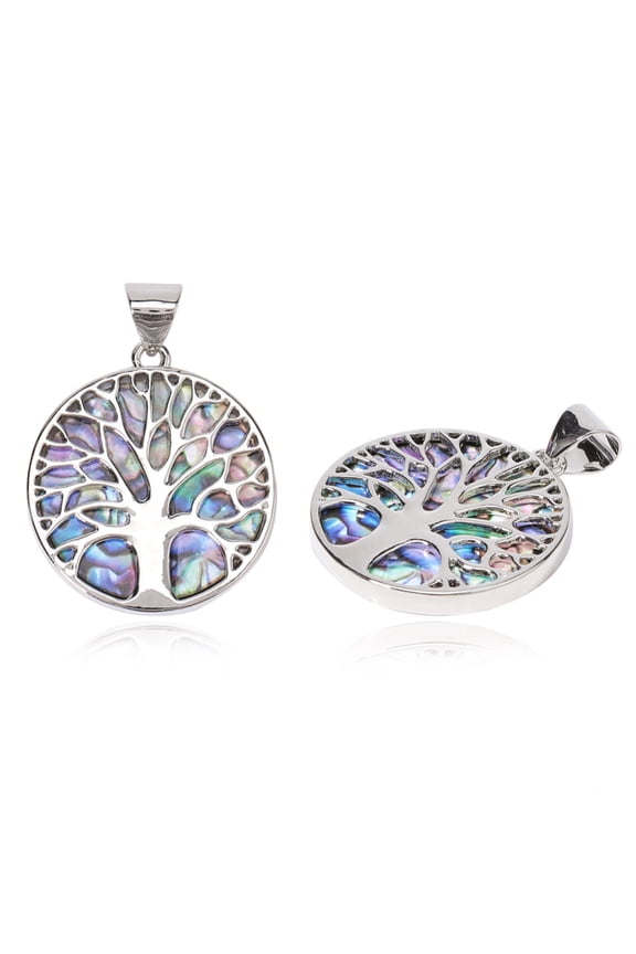 5 pc Resin Imitation Paua Shell/Abalone Shell Pendants with Alloy Findings Flat Round with Tree of Life Platinum 37.5x33.5x3mm Hole: 6x8.5mm