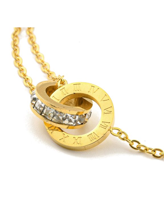5 pc Rhinestone Interlocking Rings Link Bracelets Ion Plating(IP) 304 Stainless Steel Roman Numerals Bracelet Golden 6-3/4 inch(17.1cm)