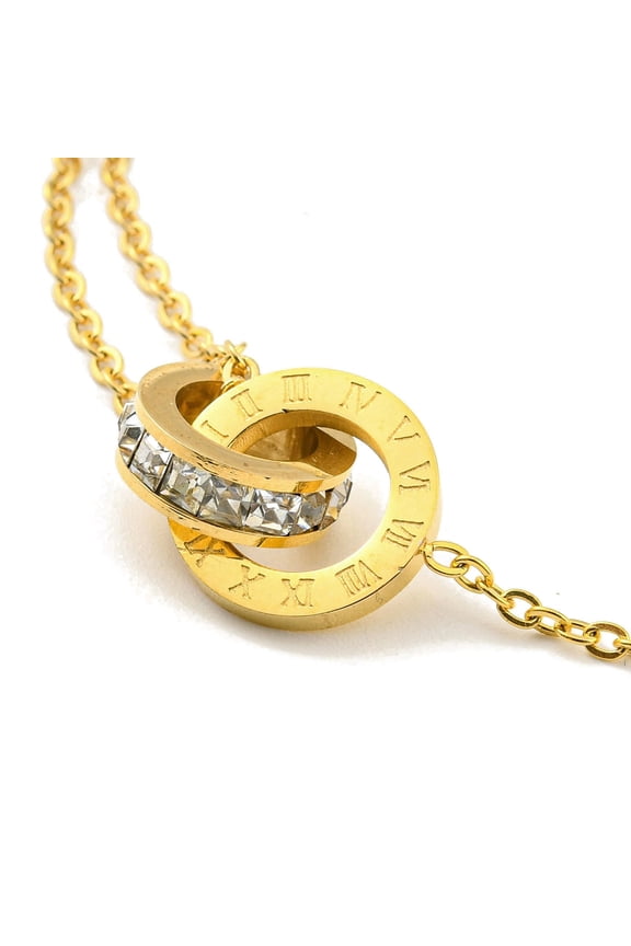 5 pc Rhinestone Interlocking Rings Link Bracelets Ion Plating(IP) 304 Stainless Steel Roman Numerals Bracelet Golden 6-3/4 inch(17.1cm)