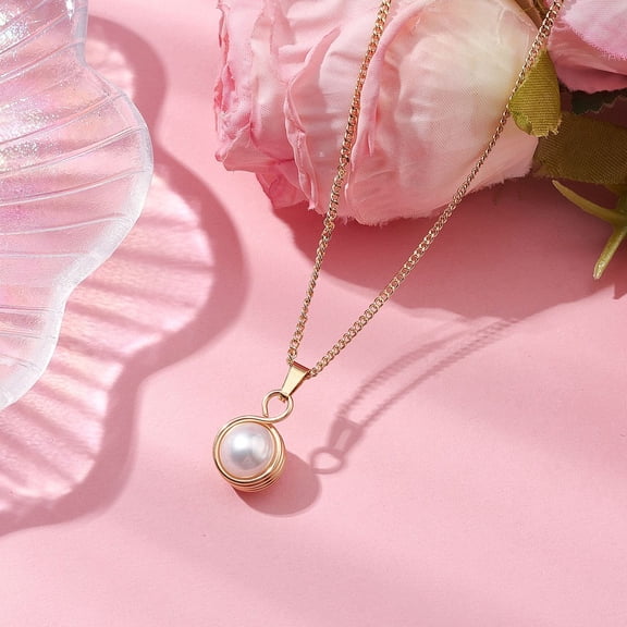 5 pc Round Natural Freshwater Pearl Copper Wire Wrapped Pendant Necklaces Brass Curb Chain Necklaces for Women Golden 17.72 inch(45cm)
