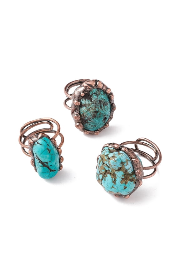 5 pc Synthetic Turquoise Irregular Nugget Open Cuff Ring Red Copper Brass Wire Wrap Chunky Ring for Women Cadmium Free & Lead Free US Size 9(18.9mm)
