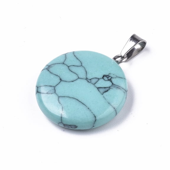 5 pc Synthetic Turquoise Pendants with Platinum Tone Brass Bails Flat Round 22~25x19~21x5~7mm Hole: 3x6mm