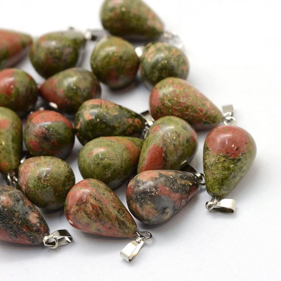 5 pc Teardrop Natural Unakite Pendants with Platinum Tone Brass Findings 21~24x12~14mm Hole: 2x7mm
