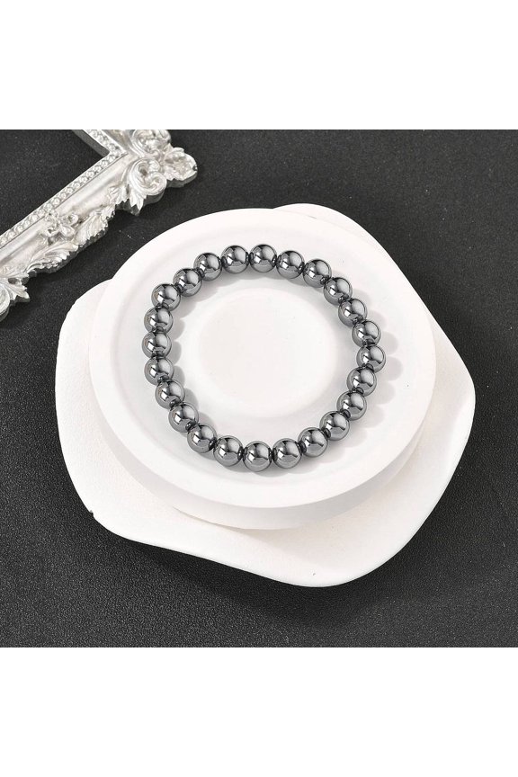 5 pc Terahertz Stone Beads Stretch Bracelets Round 2-1/4 inch(5.8cm) Bead: 8mm