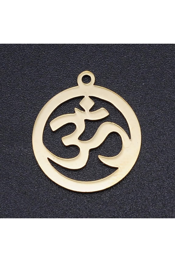 5 pc Theme 201 Stainless Steel Pendants Ring with Aum/Ohm Golden 23x20x1mm Hole: 2mm Golden