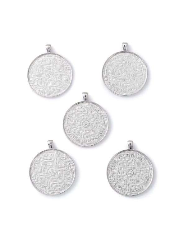 5 pc Tibetan Style Flat Round Alloy Big Pendant Cabochon Settings Plain Edge Bezel Cups Cadmium Free Lead Free Antique Silver Tray: 40mm 51.5x43x2mm Hole: 6x4mm