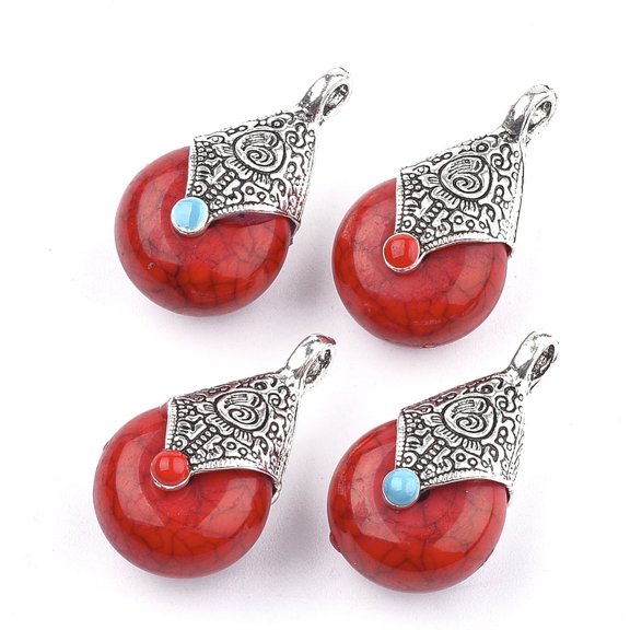 5 pc Tibetan style Resin Pendants with Alloy Enamel teardrop Antique Silver Red 28x16x14mm Hole: 2~3.5mm
