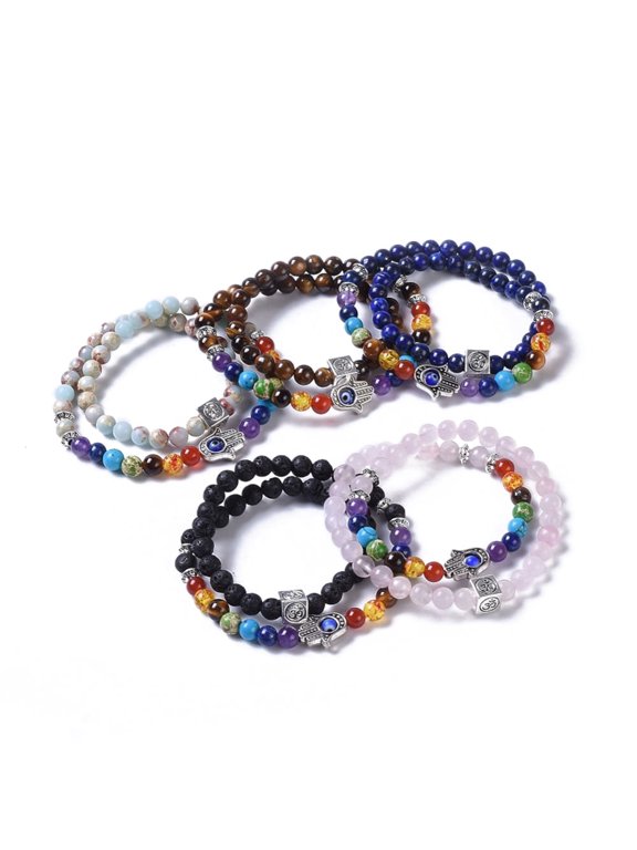 5 pc Two Loops Natural Gemstone Beads Warp Stretch Bracelets with Evil Eye Lampwork Round Beads and Tibetan style Alloy Beads 13-3/8 inch(34cm)