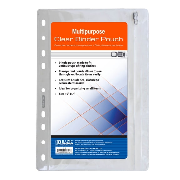 BAZIC Products Clear Pencil Pouch for 3 Ring Binder, 9 Holes Binder Pouches Binder Pockets with Slide Seal, 10" x 7"