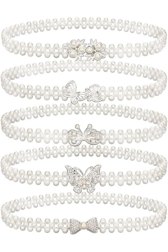 5 pcs Butterfly Elastic Pearl Belt for Women Maple Leaf Rhinestone Chain Belt Off White Belt for Wedding Dress Christmas Party Birthday Mother's Day Medium