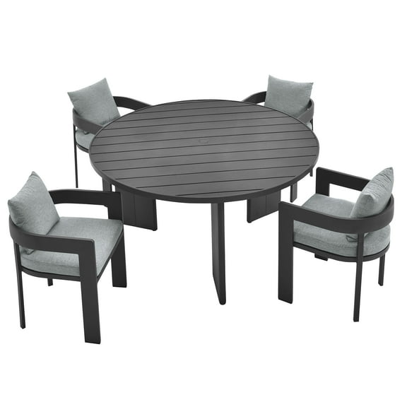 5 pcs Dining Side Chair and Table Set, Gray, Aluminum, Outdoor Patio Balcony Cafe Bistro Garden Hospitality Restaurant, Modern Contemporary, HB37510