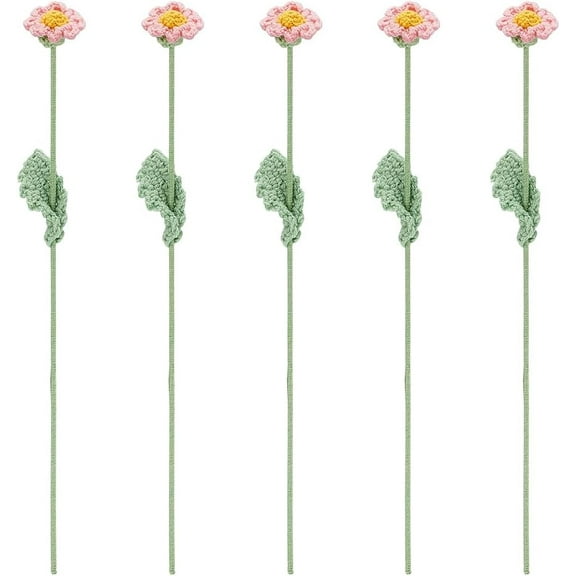 5 pcs Handmade Crochet Daisy Flowers Pink Artificial Daisy Flower Bouquet Knitted Cotton Artificial Flowers with Iron Wire Crochet Daisy Flower for Home Wedding Decorations Flower Gift