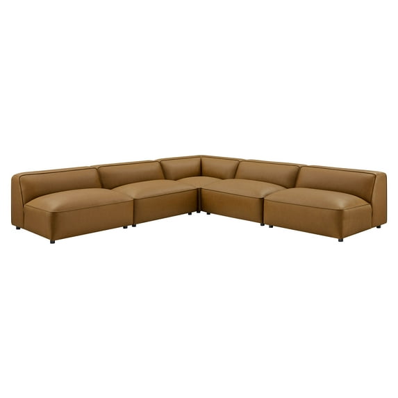 5 pcs Modular Sofa, Brown, Faux Leather, Living Room Lounge Cafe Lobby Hospitality Restaurant, Modern Contemporary, HB37678
