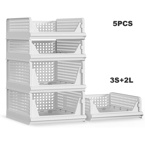 5-pcs set Stack-able Plastic Storage Basket Closet Organizer Bin Fold-able Clothes Storage Drawer Shelf Container (3S2L)