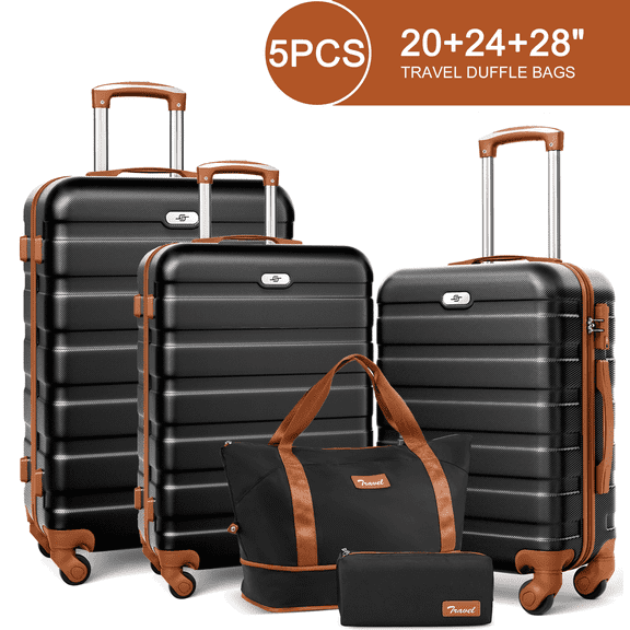 5 Piece Travel Luggage Sets,20/24/28 inch Lightweight Hardshell Carry-on and Checked Suitcase with Expandable Duffle Bags,Black&Brown