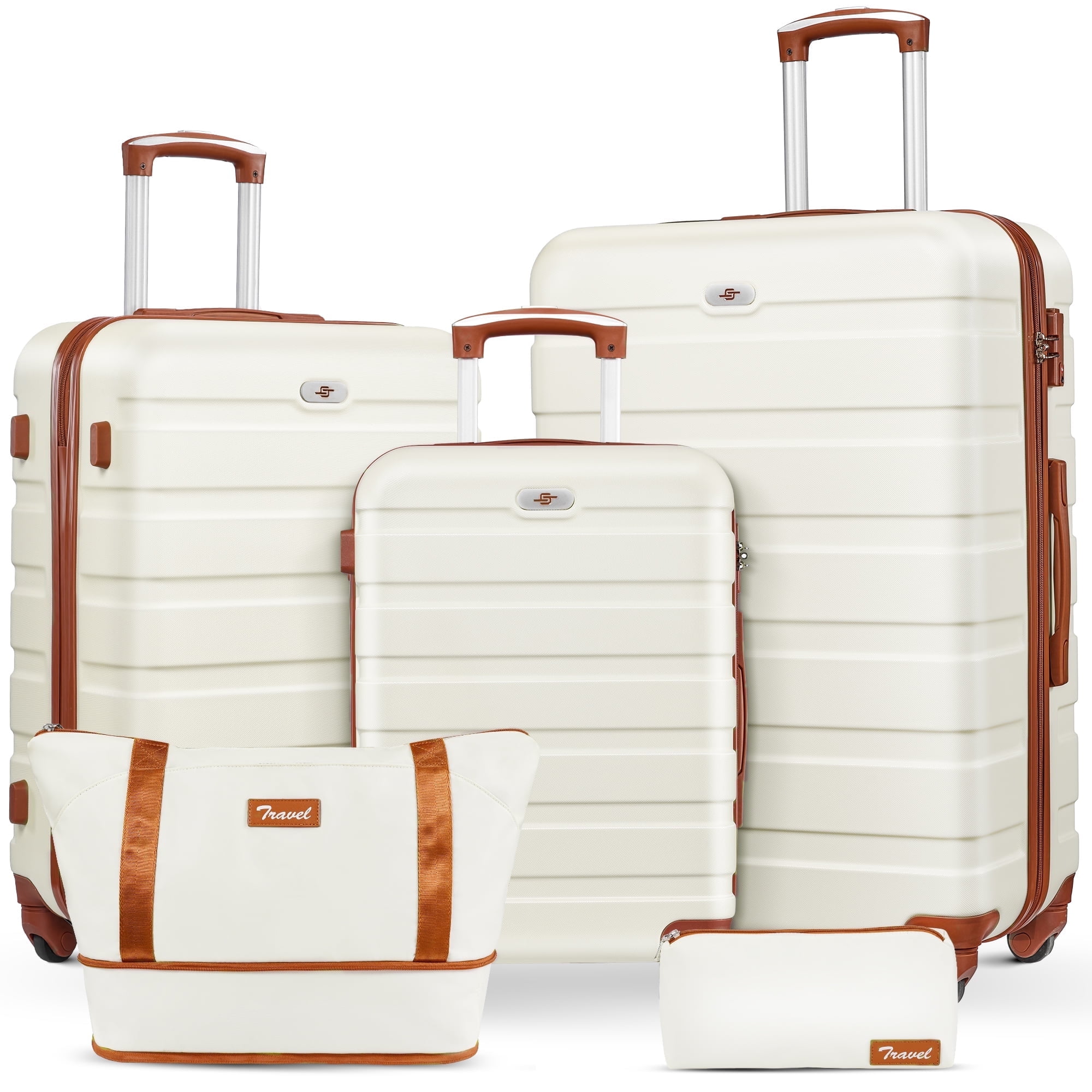 5 pcs travel luggage sets, 20 24 28 inch carry-on and checked luggage, and expandable duffle bags,White&Brown - Walmart.com