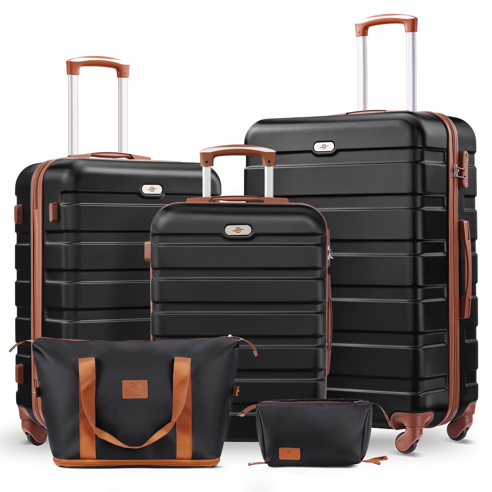 5 Piece Luggage Set,20/24/28 inch Hardshell Lightweight Carry-on and Checked Suitcase with Expandable Travel Duffle Bags,Black Tan