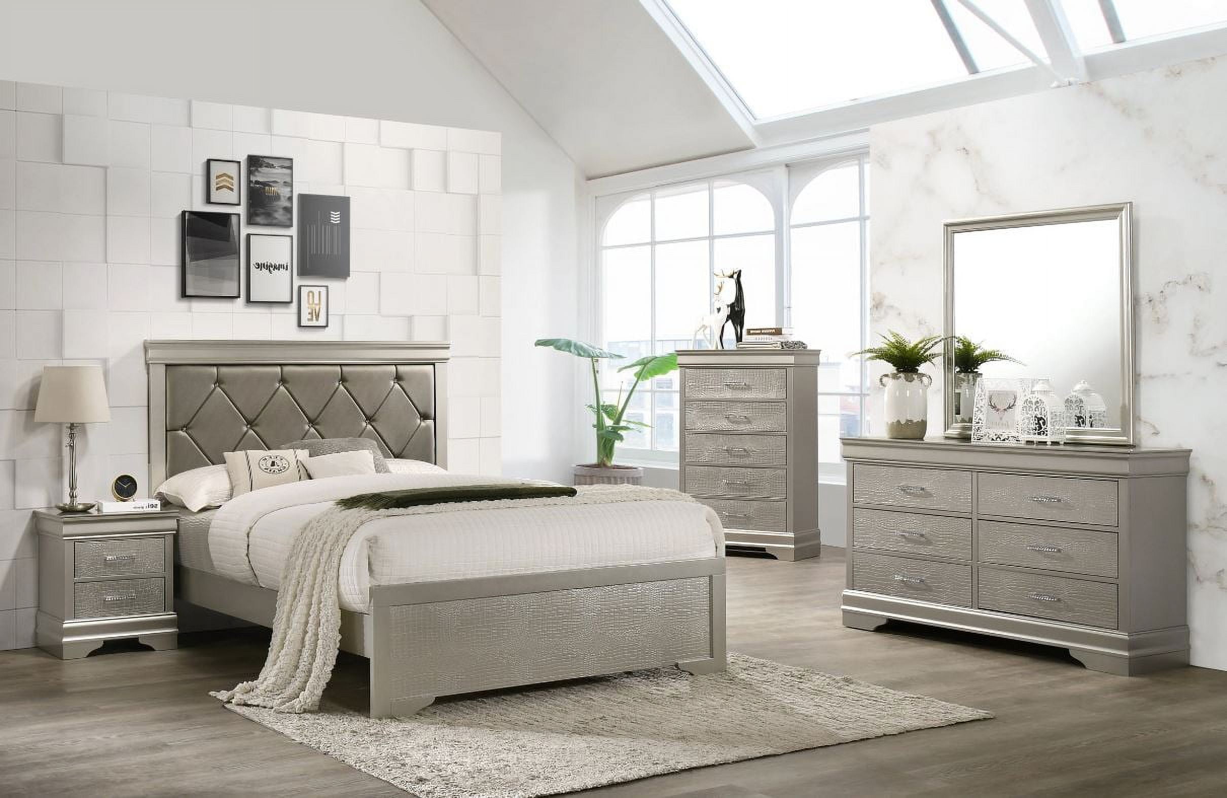 5 piece Amalia King Champagne Silver Upholstered Panel Bedroom Set