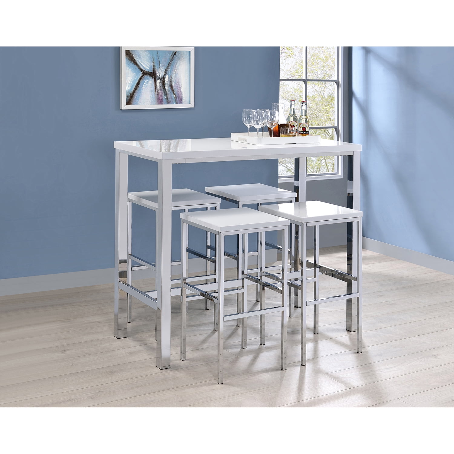 5 piece Bar Set White High Gloss and Chrome