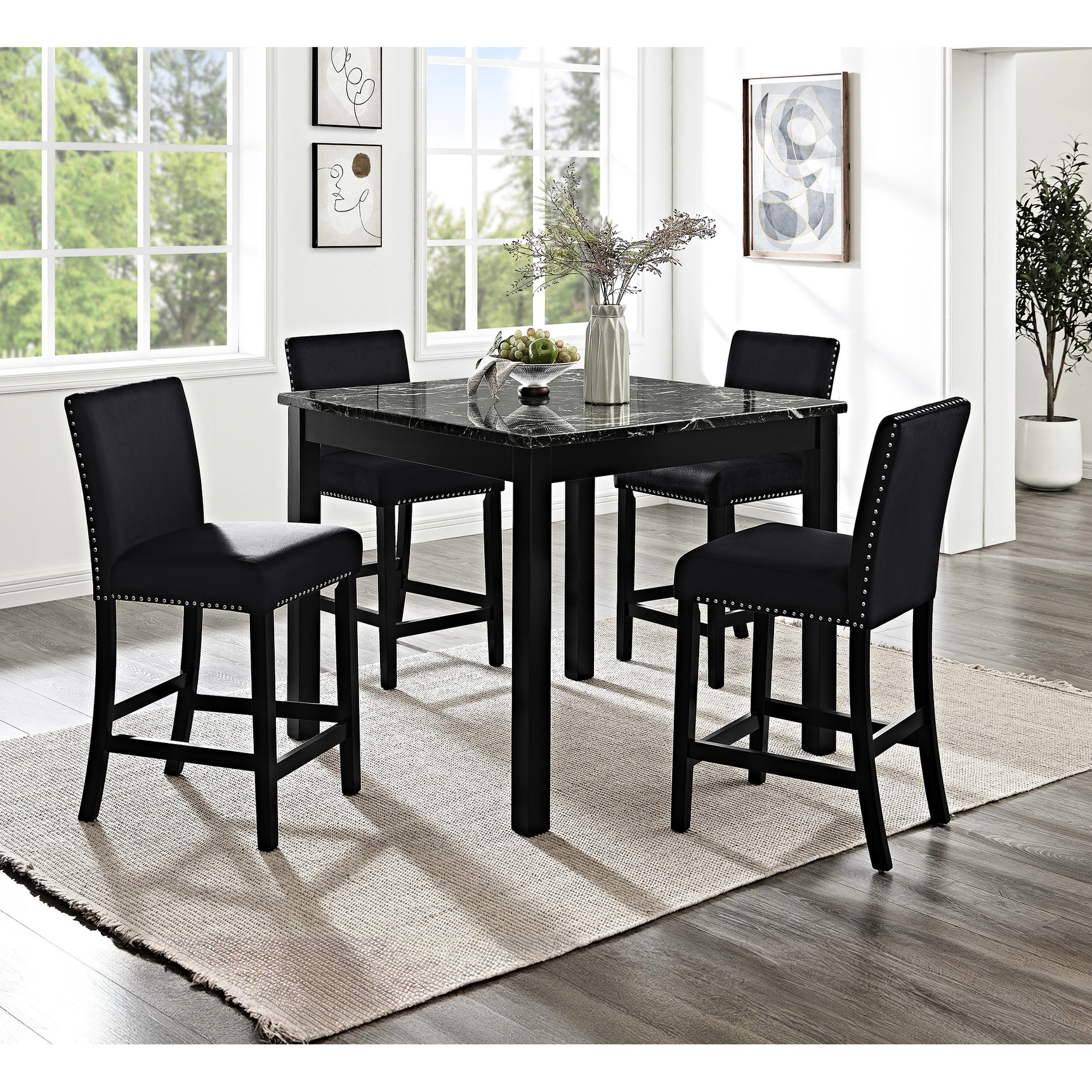 5-piece Black Dining Set with Velvet Upholstered Chairs and Faux Marble ...