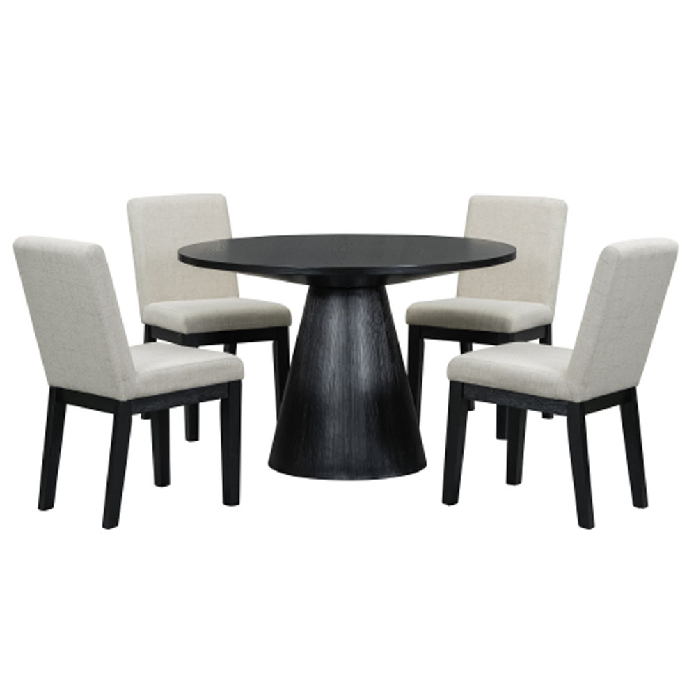 5-piece Dining Set Retro Round Table with 4 Upholstered Chairs - Black ...