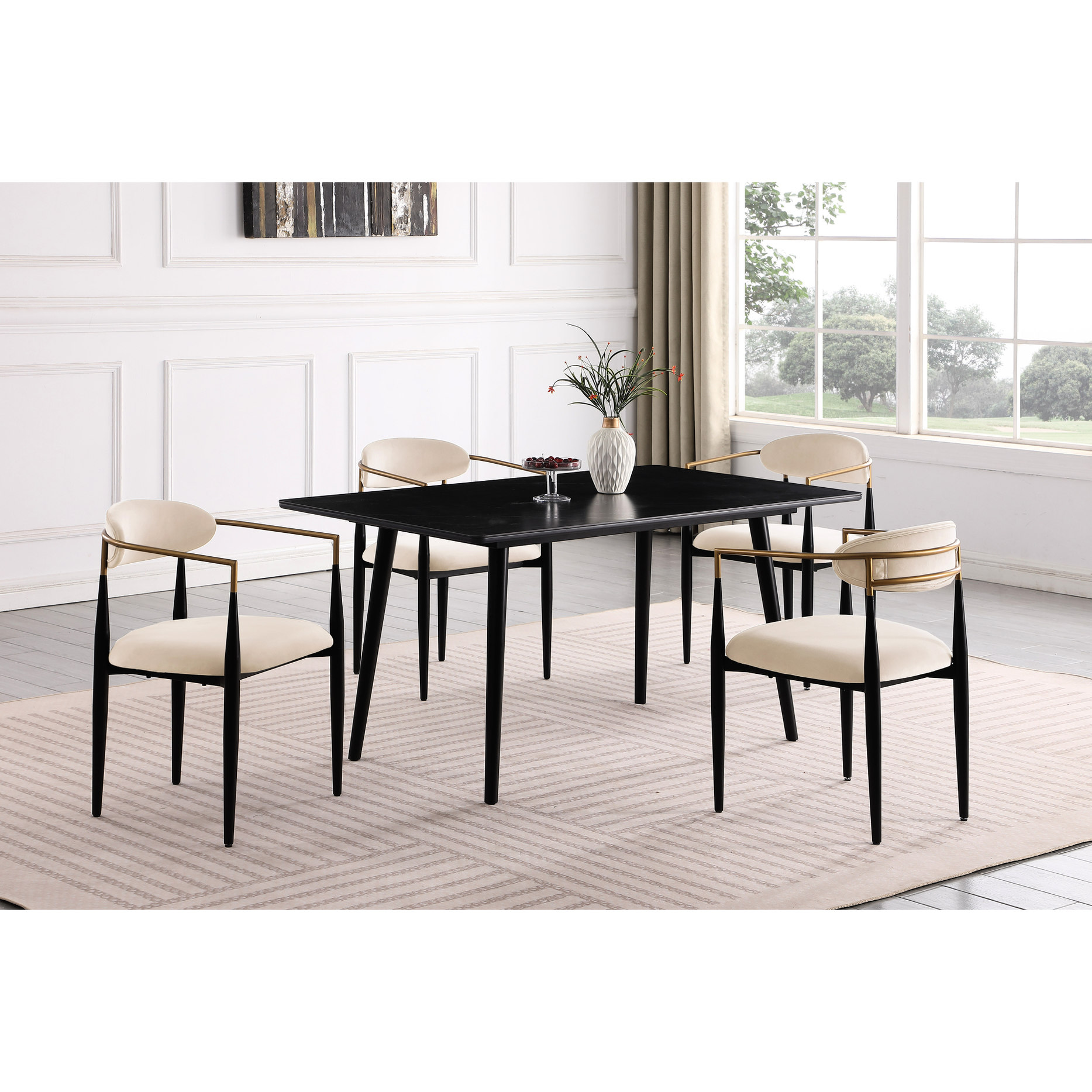 5-piece Dining Set with Black Stone Table and Taupe Fabric Chairs ...