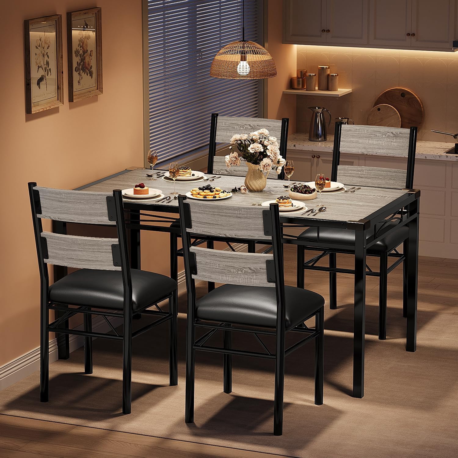 5 piece Dining Table Set for 4,  Corner Protector with Upholstered Chairs for, Kitchen Room, Apartment